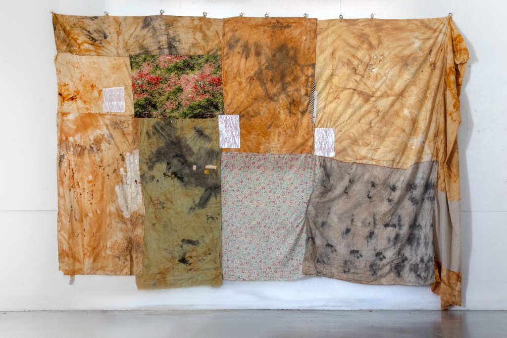 LEVO an abstract textile wall hanging project by Canberra artist Megan Kennedy to explore the nature of anxiety and sanative making. The artistic process included soldering, painting, sewing, hand stitching and natural dyeing.