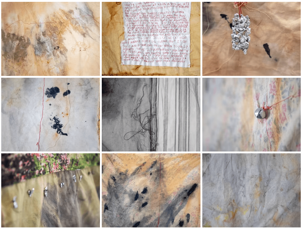 LEVO an abstract textile wall hanging project by Canberra artist Megan Kennedy to explore the nature of anxiety and sanative making. The artistic process included soldering, painting, sewing, hand stitching and natural dyeing.