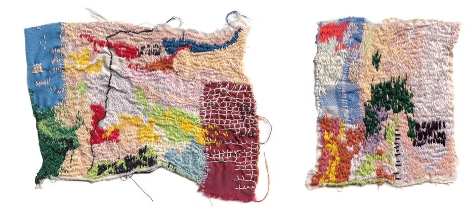 a small scrap of fabric that has been intensivley and colourfully hand stitched by artist Megan Kennedy in the hopes of occupying or settling the mind as a defence against anxiety and other mental health ills. 