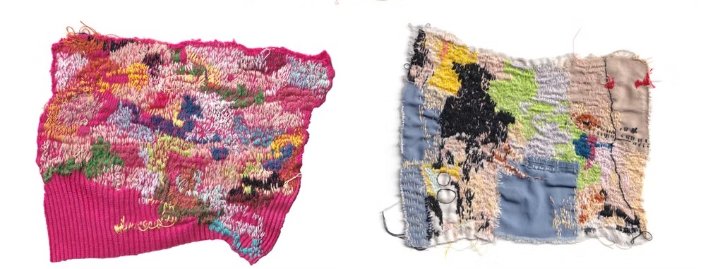 a small scrap of fabric that has been intensivley and colourfully hand stitched by artist Megan Kennedy in the hopes of occupying or settling the mind as a defence against anxiety and other mental health ills. 