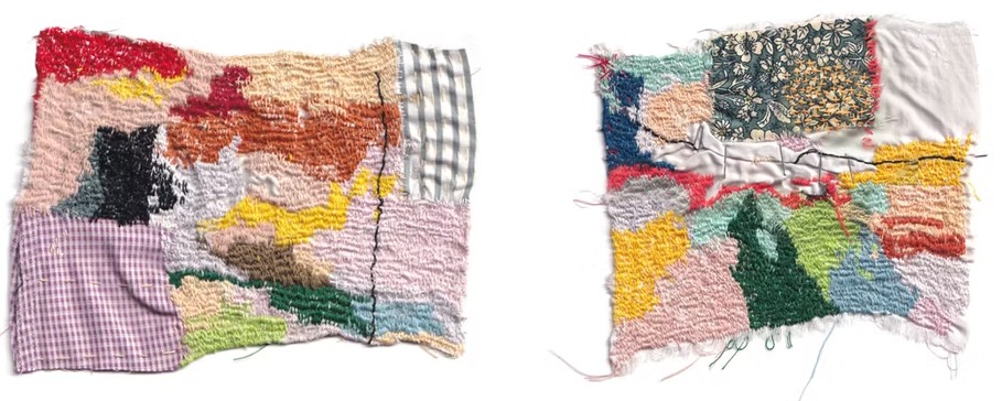 a small scrap of fabric that has been intensley and colourfully hand stitched by artist Megan Kennedy in the hopes of occupying or settling the mind as a defence against anxiety and other mental health ills. 